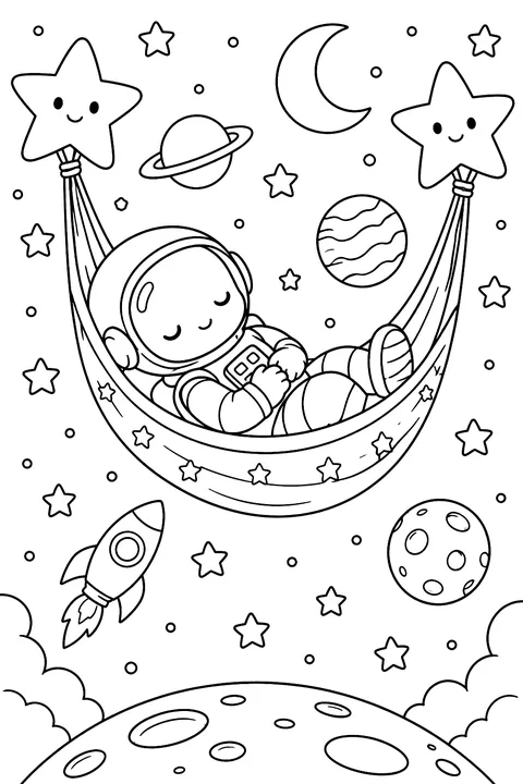 Astronaut sleeping in a hammock between stars coloring page