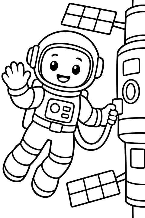 Astronaut on a spacewalk outside a space station coloring page