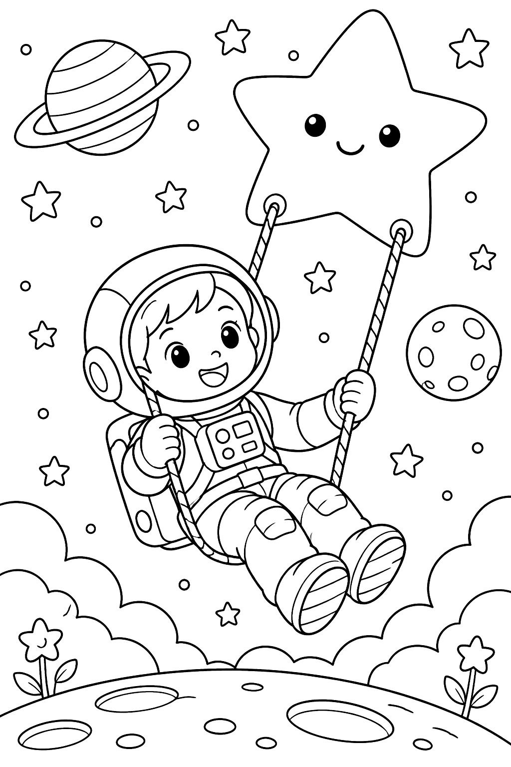 Astronaut swinging on a star coloring page