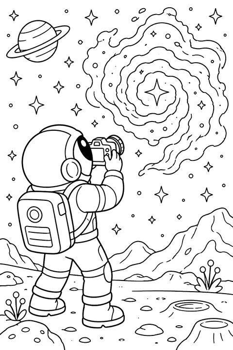 Astronaut taking a photo of a nebula coloring page
