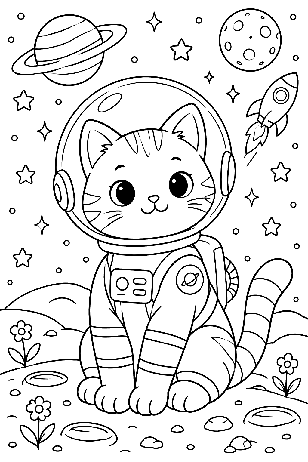 Cat astronaut in a bubble helmet coloring page
