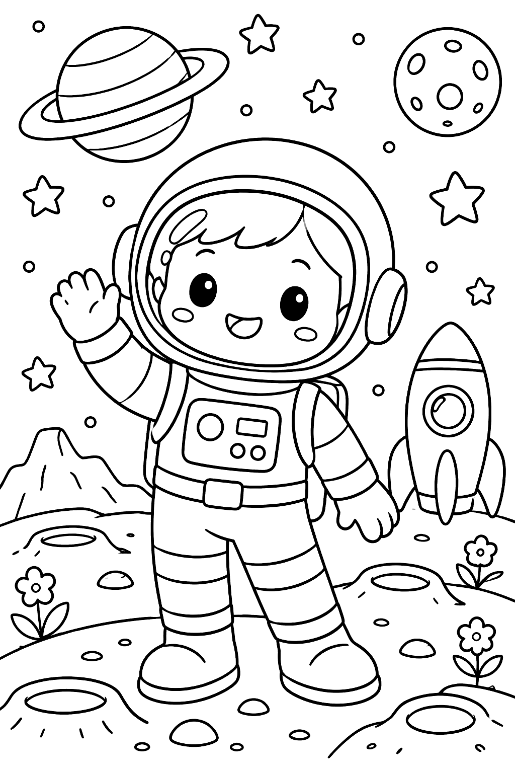 Kawaii astronaut waving coloring page