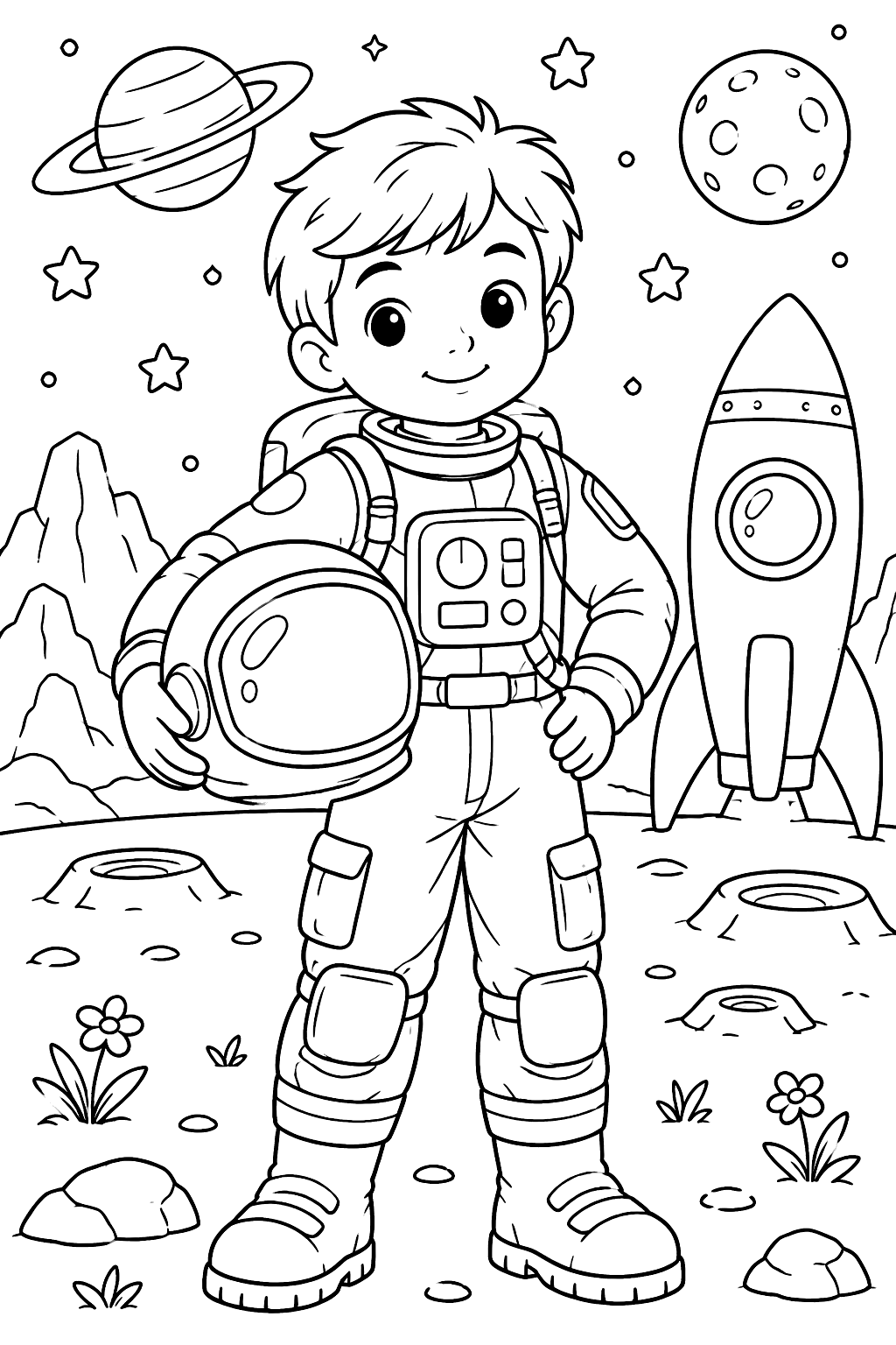 Kid astronaut in a spacesuit holding a helmet coloring page