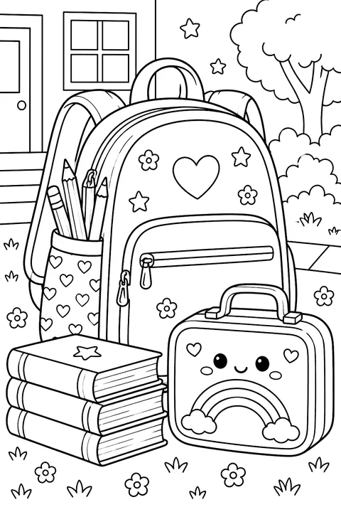 A backpack with pencils, books and a lunchbox coloring page