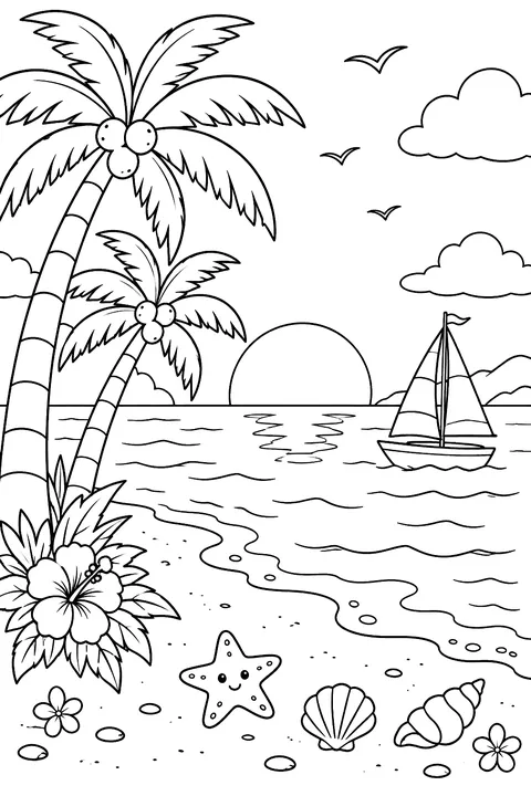 A beach at sunset with palm trees and a sailboat coloring page