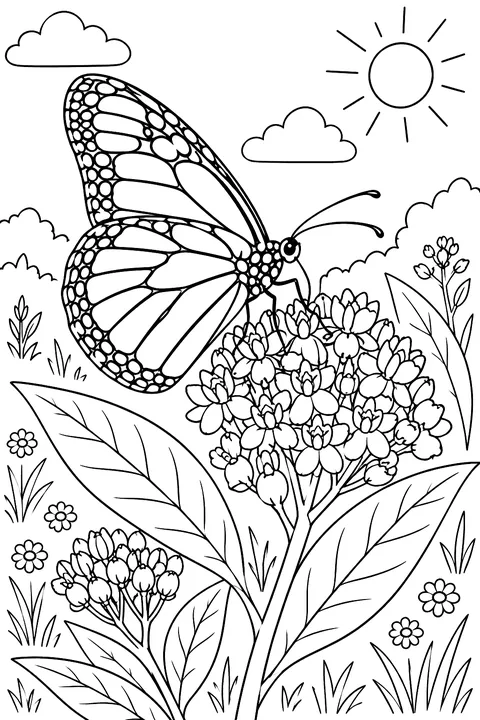 A monarch butterfly on milkweed coloring page