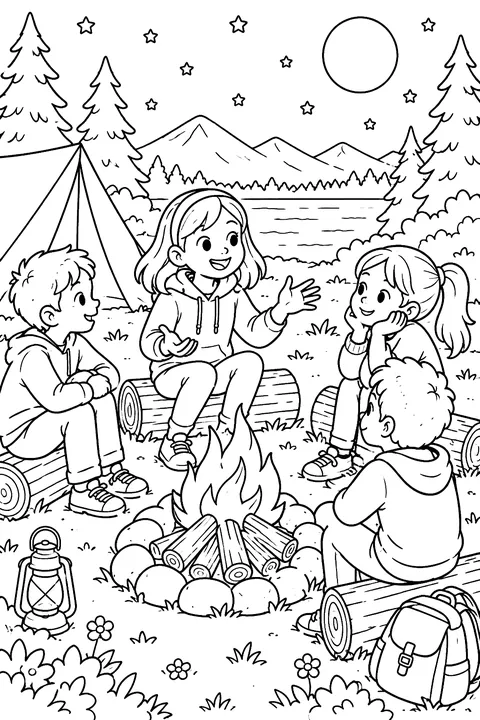 Kids telling stories around a campfire coloring page