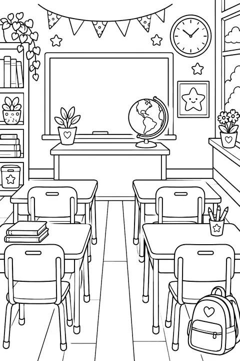 A classroom with desks, a chalkboard and a globe coloring page