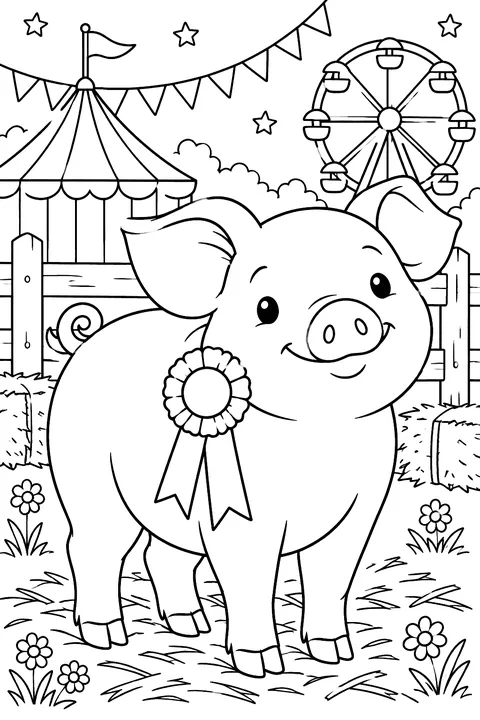 A prize pig with a ribbon at a county fair coloring page