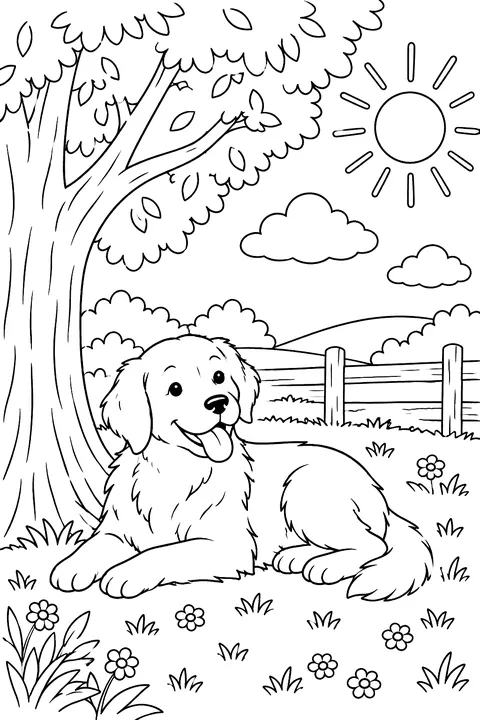 A dog lying in the shade of a tree on a hot day coloring page