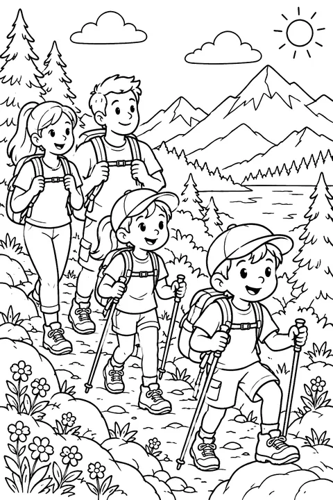 A family hiking a mountain trail coloring page