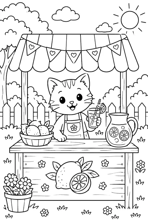 A cat selling lemonade at a stand coloring page