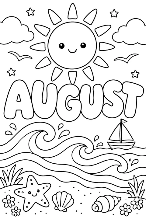 The word AUGUST in big bubble outline letters with sunshine and waves coloring page