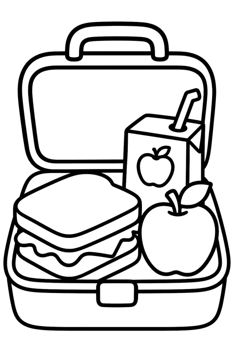 A lunchbox with a sandwich, apple and juice box coloring page