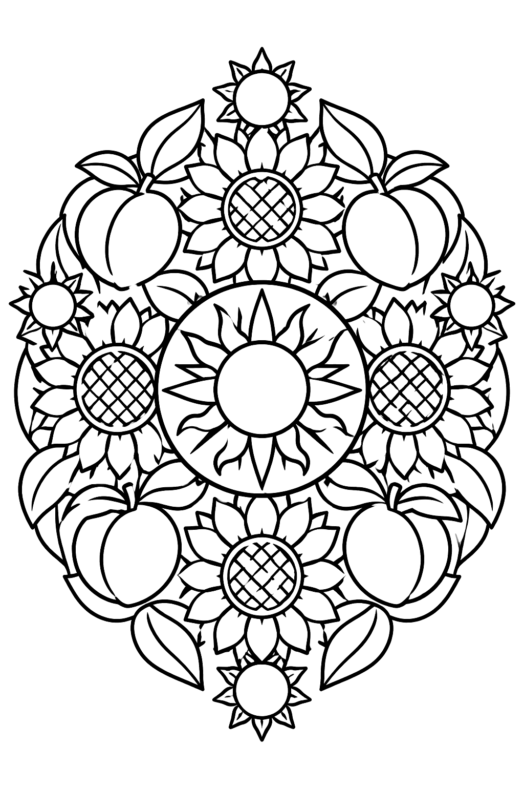 A round mandala of sunflowers, peaches and suns with bold closed shapes coloring page