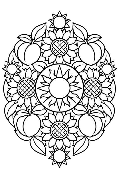 A round mandala of sunflowers, peaches and suns with bold closed shapes coloring page
