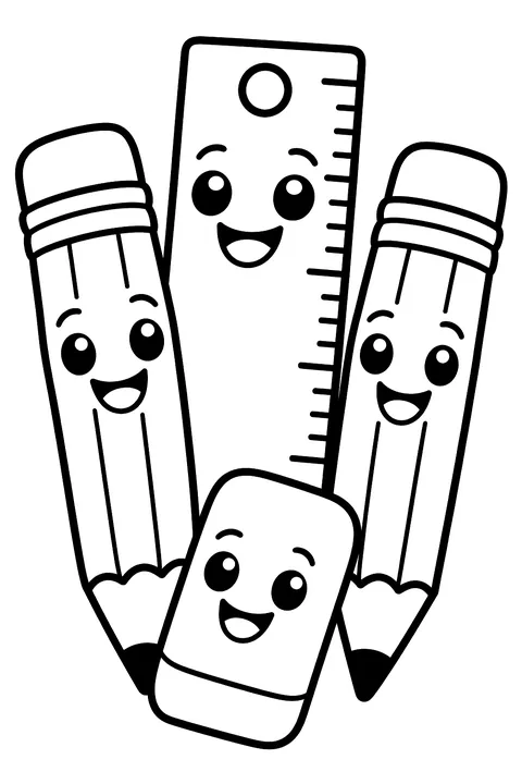 Smiling pencils, a ruler and an eraser coloring page