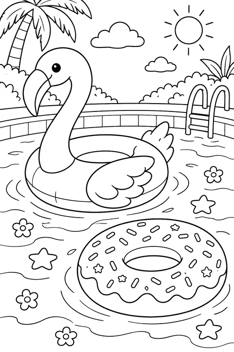 Floats shaped like a flamingo and a donut in a pool coloring page