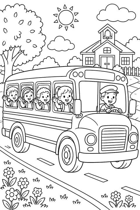 A school bus with kids waving from the windows coloring page