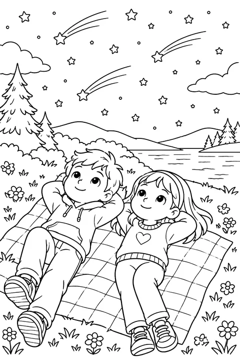 Kids lying on a blanket watching shooting stars coloring page