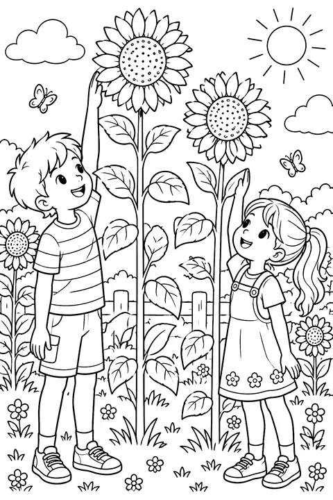 Kids measuring themselves against tall sunflowers coloring page