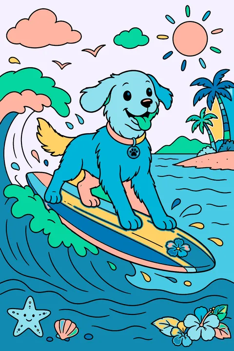 A dog riding a surfboard coloring page