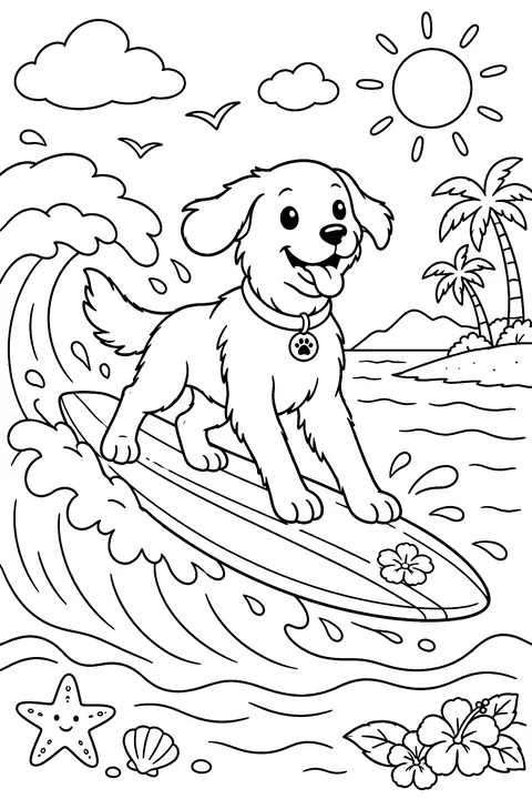 A dog riding a surfboard coloring page