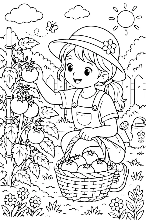A child picking tomatoes in a garden coloring page