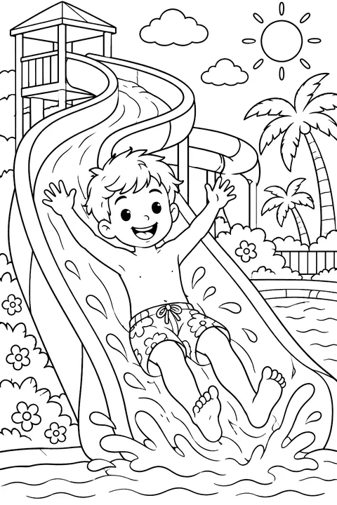 A kid going down a water slide coloring page