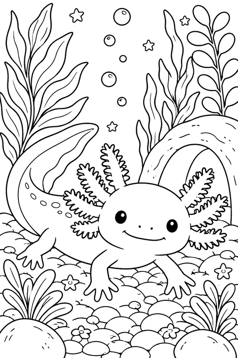 Axolotl in an aquarium with plants and pebbles coloring page