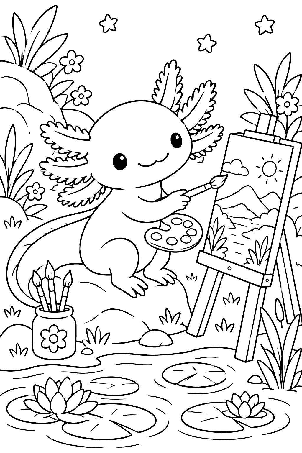 Axolotl painting a picture coloring page