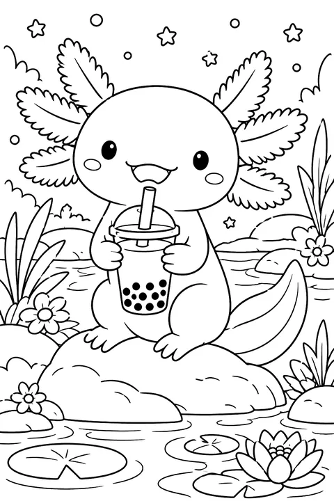 Axolotl holding a boba tea coloring page