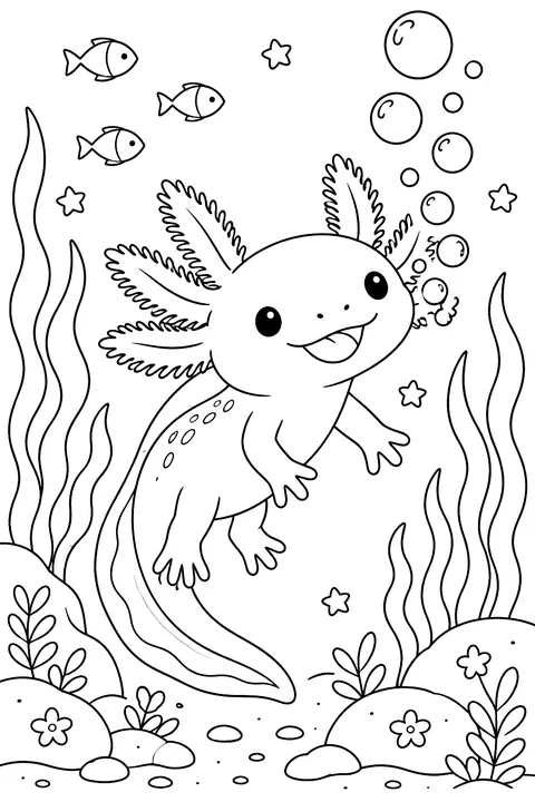 Smiling axolotl blowing bubbles coloring page