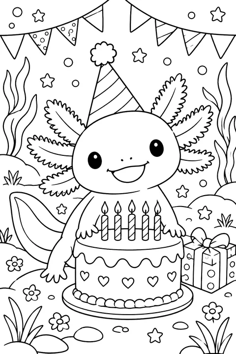 Axolotl with a birthday cake coloring page