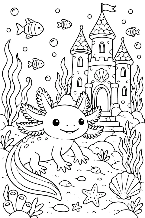 Axolotl next to an underwater castle coloring page