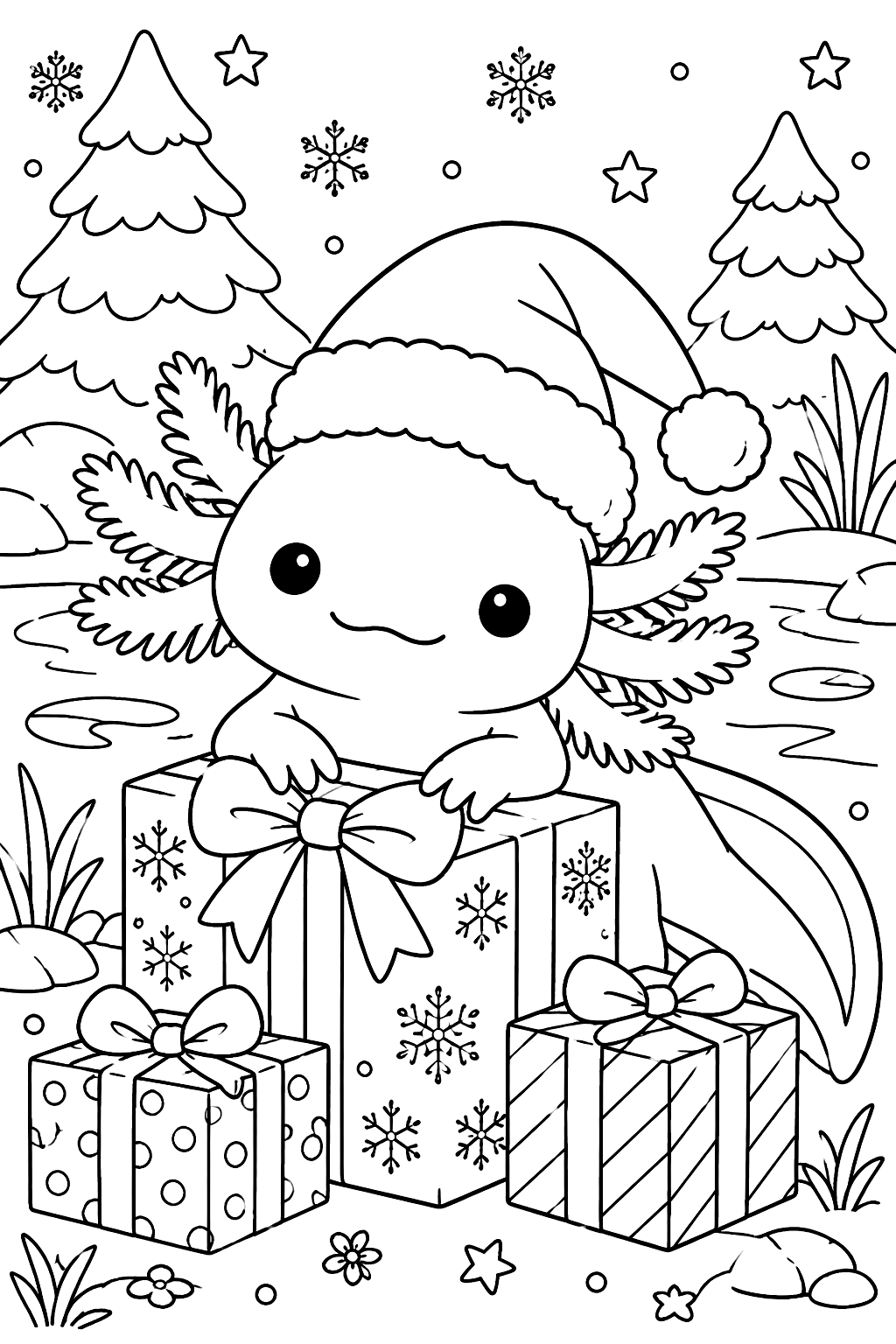 Axolotl in a Santa hat with presents coloring page