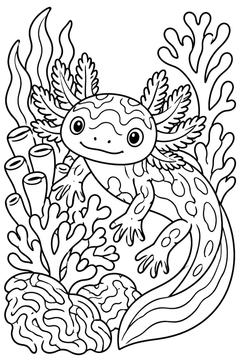 Axolotl among intricate coral patterns coloring page