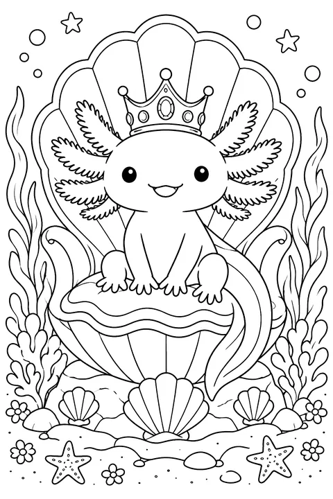 Axolotl wearing a crown on a seashell throne coloring page