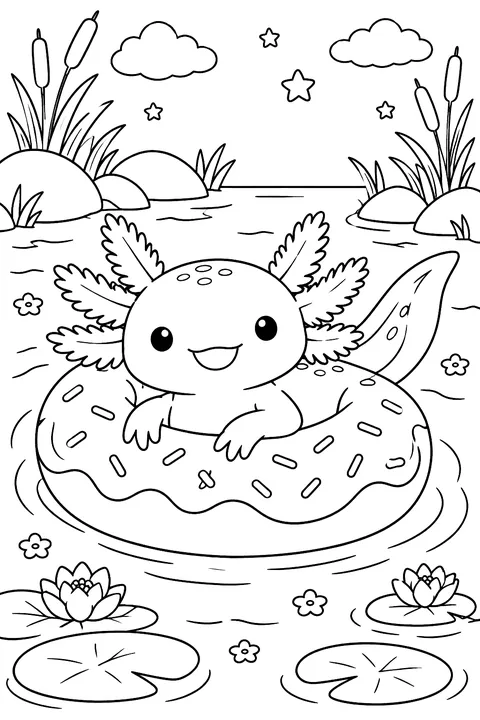 Axolotl floating on a donut float coloring page