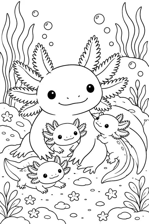 Axolotl mom with baby axolotls coloring page