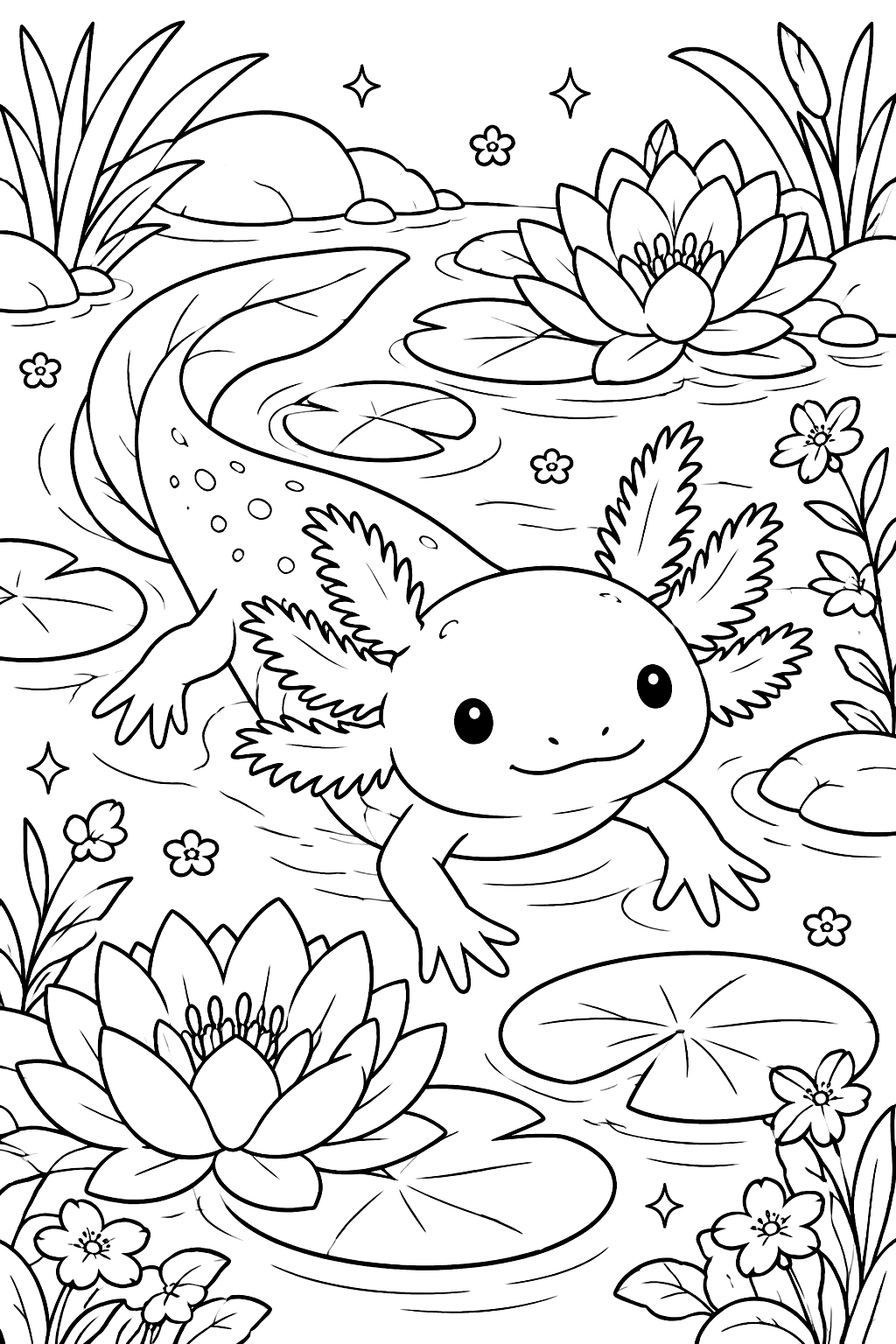 Axolotl with water lilies and flowers coloring page