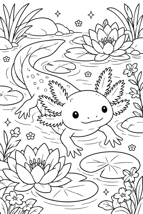 Axolotl with water lilies and flowers coloring page