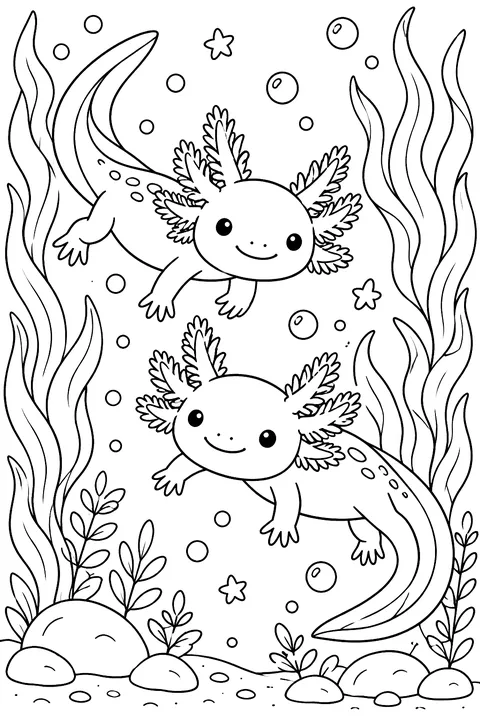 Two axolotls swimming together among seaweed coloring page