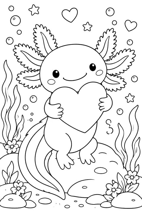 Axolotl hugging a heart coloring page