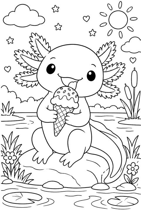 Axolotl eating ice cream coloring page