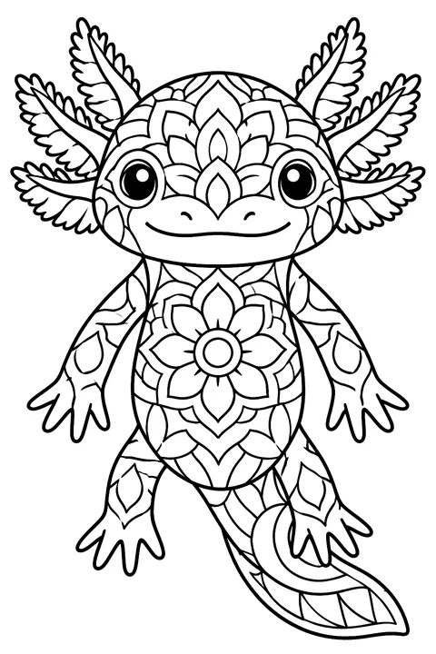 Axolotl filled with mandala patterns coloring page