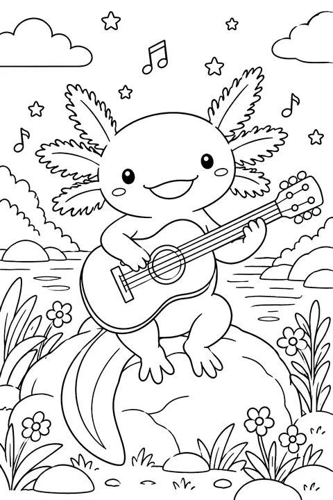 Axolotl playing a guitar coloring page