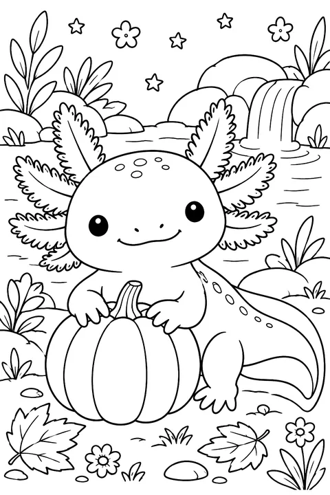 Axolotl with a little pumpkin coloring page
