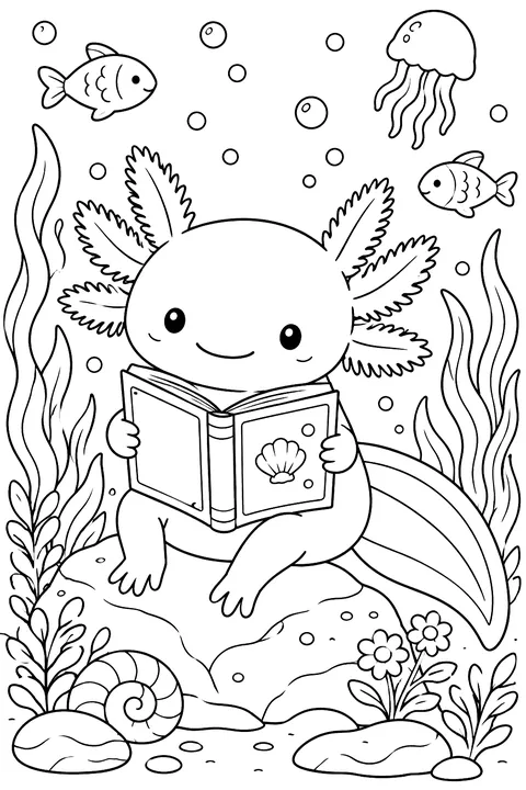 Axolotl reading a book underwater coloring page