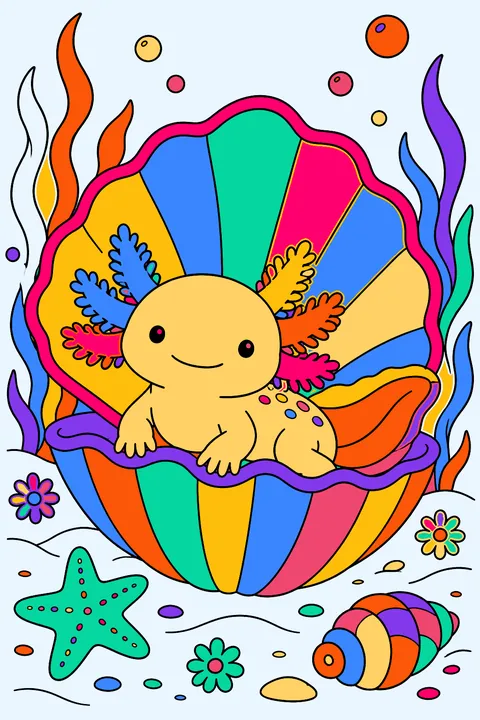 Axolotl resting in a big seashell coloring page